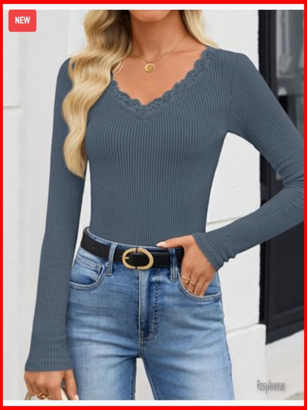 Women's Long Sleeve Lace V-Neck Slim Fit Going Out Tops Ribbed Knit Blouse - Picture 2 of 7